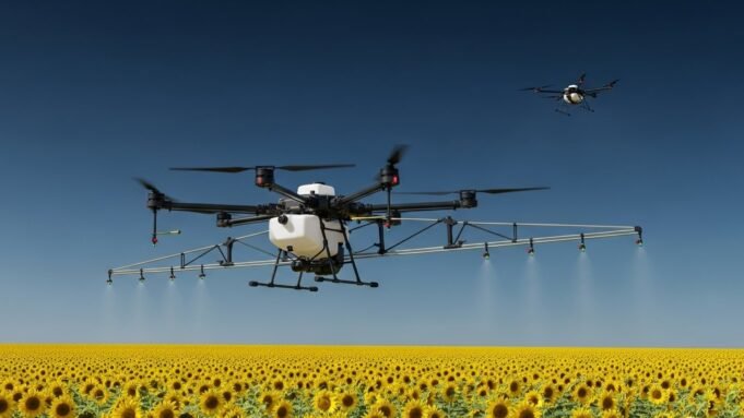 Agricultural drone spraying liquid over a field of sunflowers agriculture farming 1