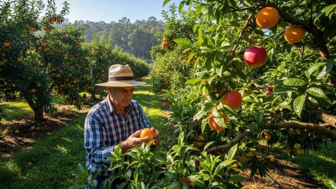 Farmer inspecting ripe fruit on a sunny orchard plantation tree