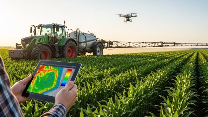 Farmer uses tablet with thermal map data in cornfield with tractor and drone agriculture