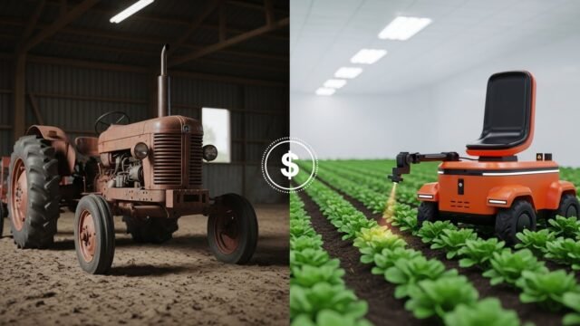 Old tractor in barn versus modern robot in greenhouse agriculture farming