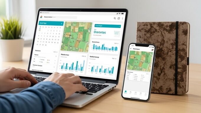 Person using laptop and smartphone displaying agricultural data and charts graphs